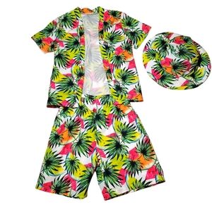 Tropical Leaf Print Shirt, Shorts, and Hat Set